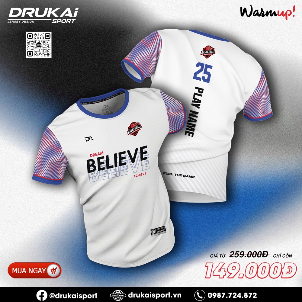 Áo thể thao DRUKAI SPORT trắng phối sọc xanh đỏ BELIEVE