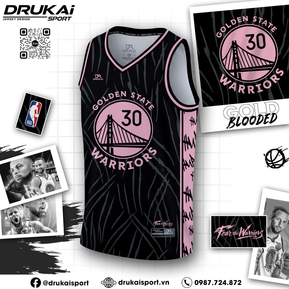 Áo thun tập luyện Golden State Warriors màu đen hồng pastel phá cách, vải thể thao cao cấp