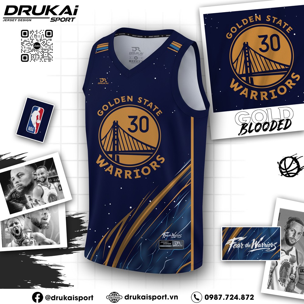 Áo bóng rổ Golden State Warriors xanh đậm phối vàng ánh kim thiết kế phá cách