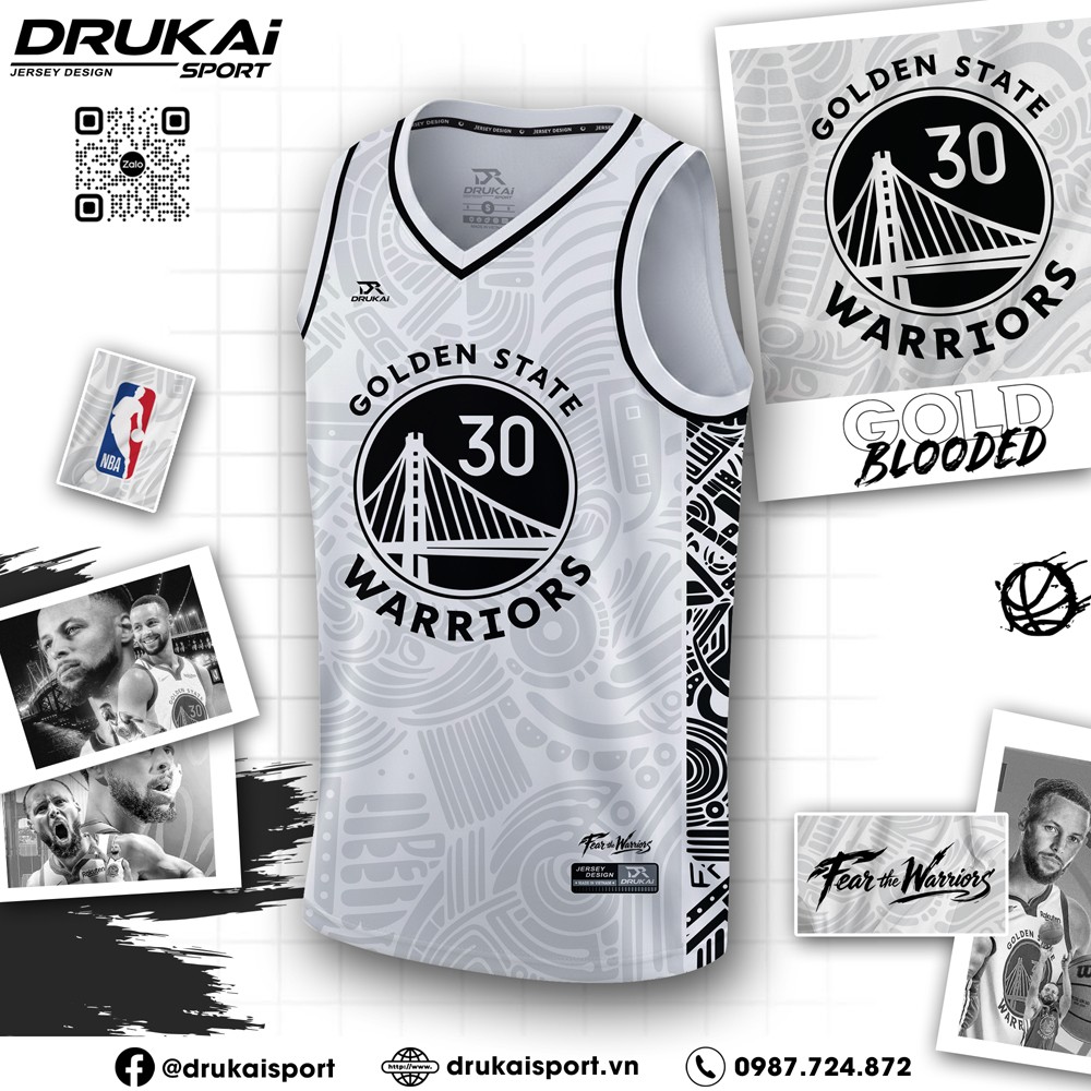 Áo bóng rổ Golden State Warriors trắng đen chính hãng, thiết kế thể thao hiện đại