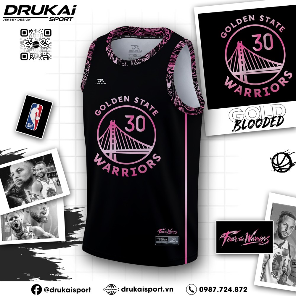 Áo thể thao Golden State Warriors đen hồng neon, thiết kế hiện đại phối logo đội bóng