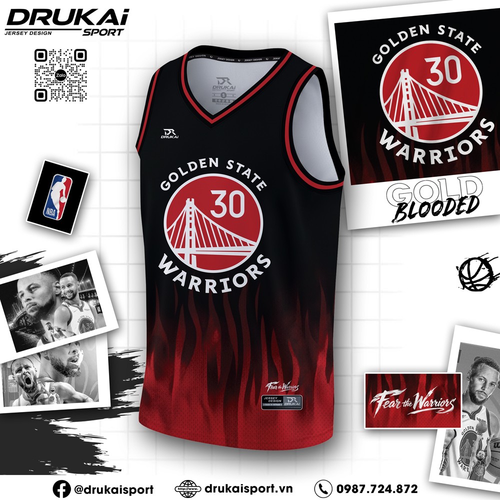 Áo bóng rổ Golden State Warriors màu đen họa tiết lửa đỏ phiên bản tập luyện