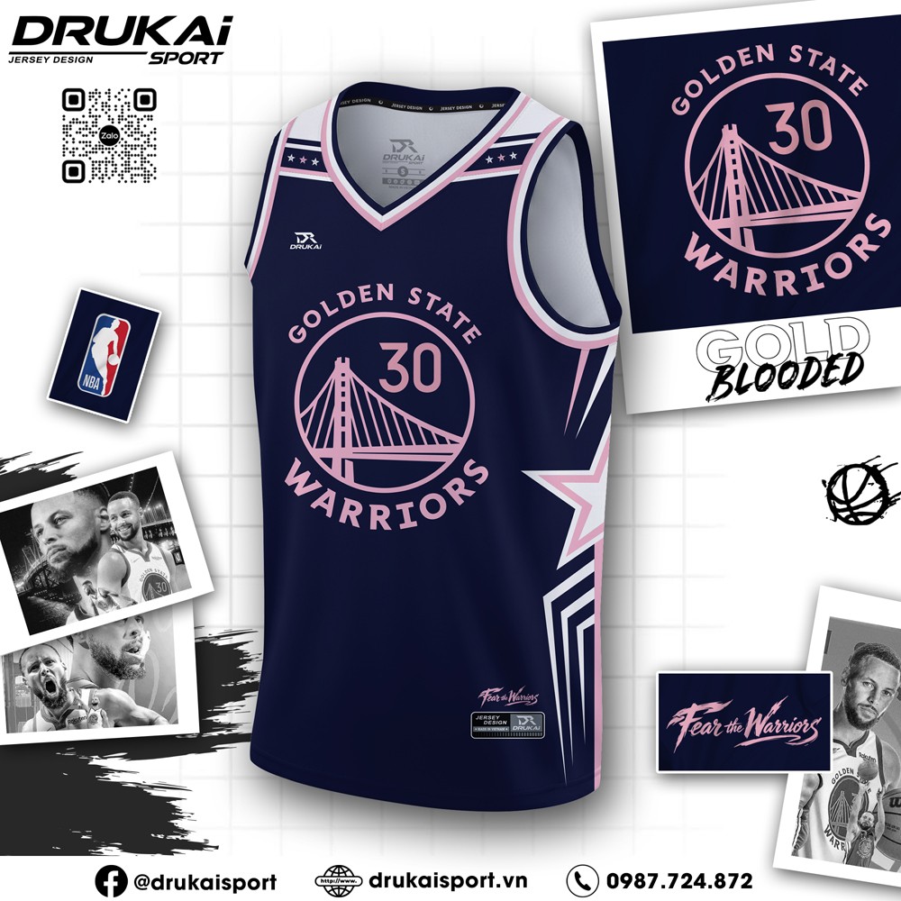 Áo ba lỗ Golden State Warriors xanh navy phối hồng pastel, logo số 30 – Training 07