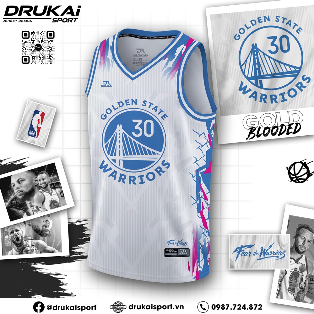 Áo đấu Golden State Warriors Training 08 trắng xanh sang trọng, họa tiết năng động