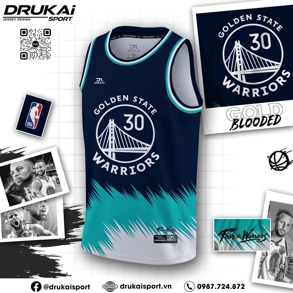Áo bóng rổ Golden State Warriors Training phối xanh navy trắng xanh ngọc hiện đại, logo nổi bật