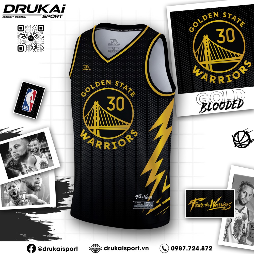 Áo đấu Golden State Warriors màu đen vàng số 30 cho fan bóng rổ và tập luyện
