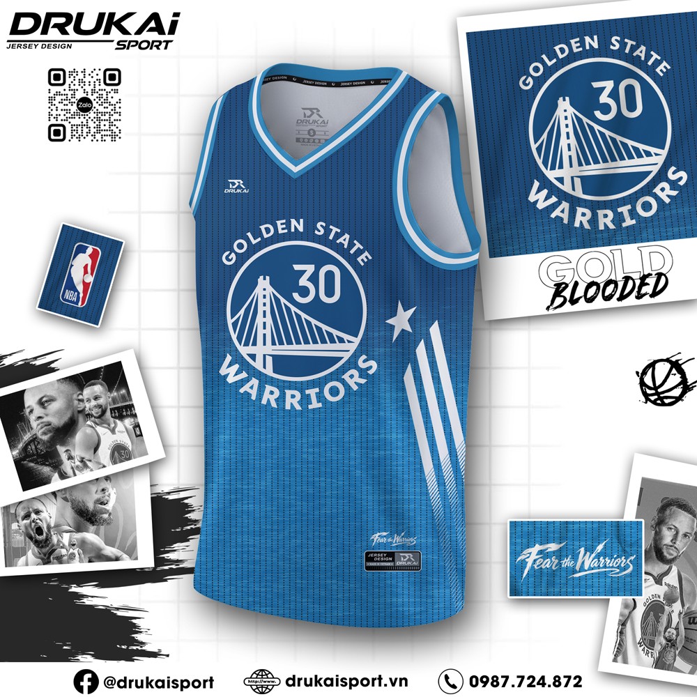 Áo thi đấu bóng rổ Golden State Warriors xanh dương đậm Drukai Sport