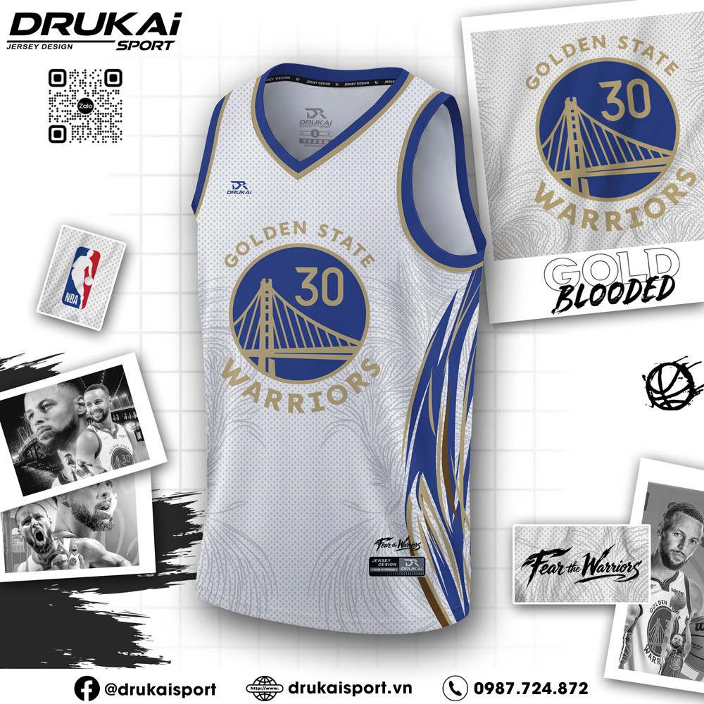 Áo bóng rổ Golden State Warriors trắng xanh vàng chính hãng